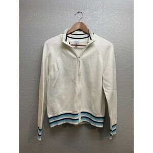 Vintage IZOD Full  Zip Up Cotton Preppy Sweater White w/ Blue Stripes  Size XL